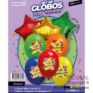 SET DE GLOBOS FELIZ CUMPLEA�OS MULTICOLOR 8 UNIDADES X 1